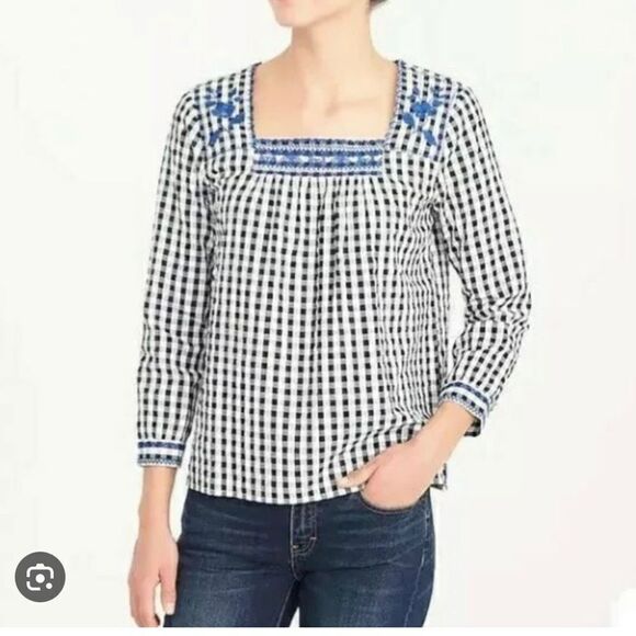 J Crew gingham embroidered peasant top xs - Picture 1 of 8